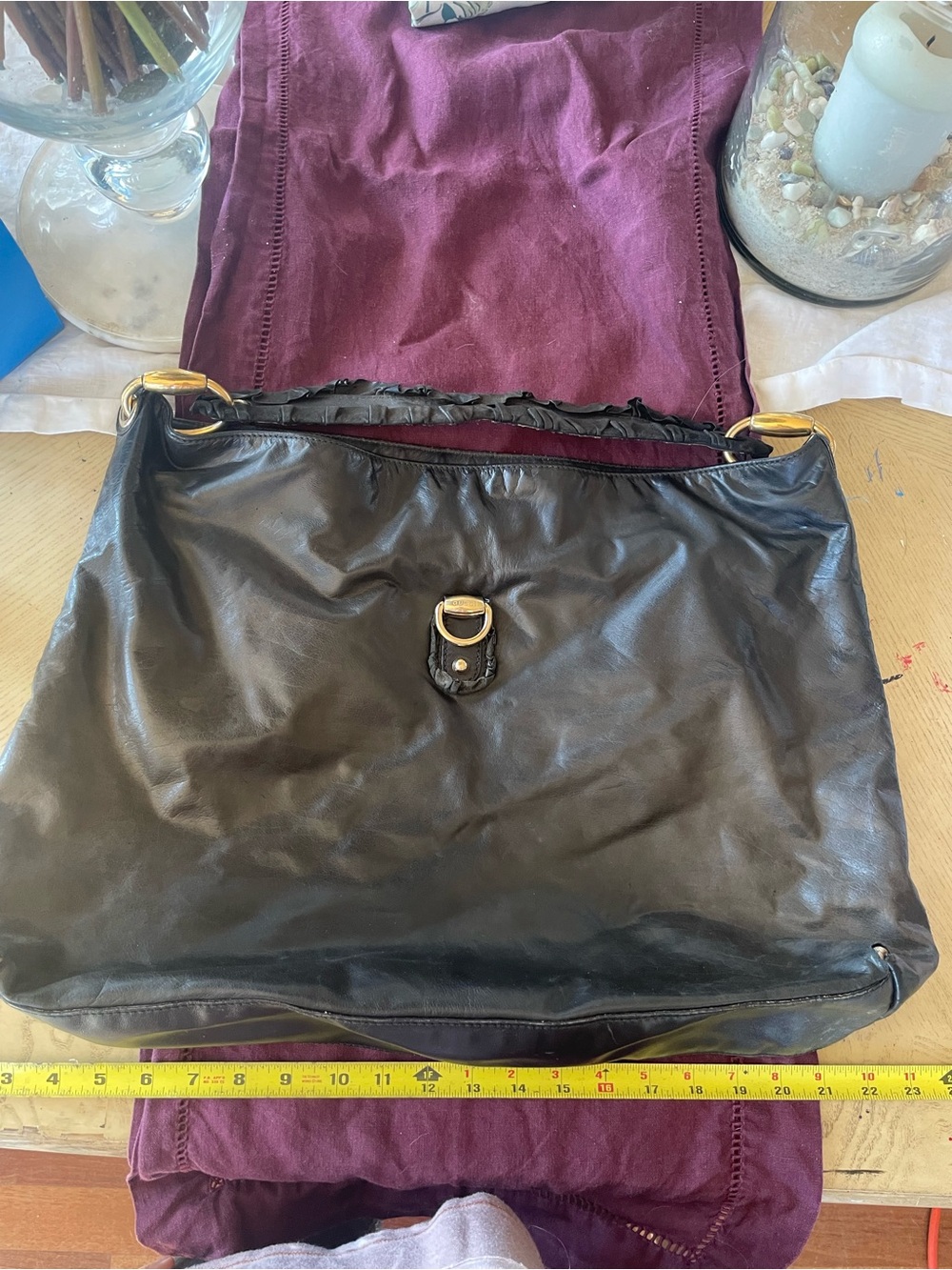 Authentic Vintage Gucci Black Leather Ruffle Shoulder Bag with Gold Hardware